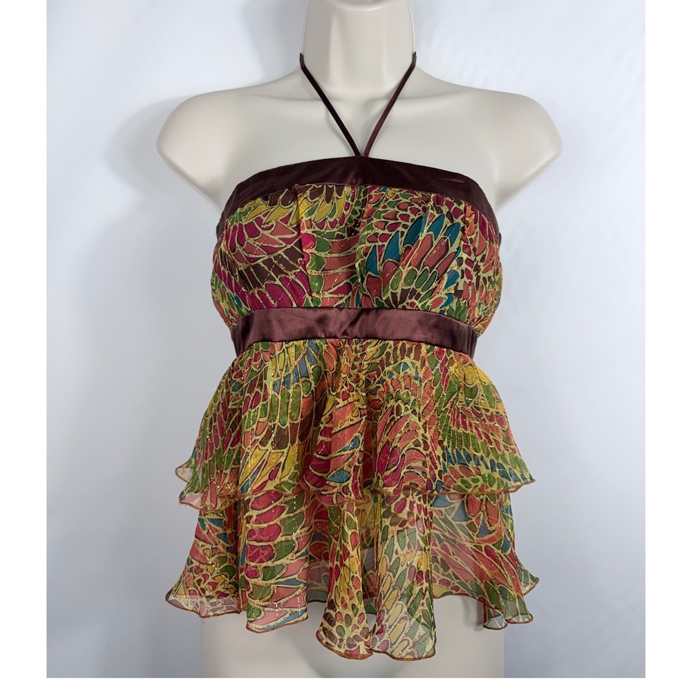 Mango MNG Women Silk Blend Halter Top Tiered Ruffle Peplum Boho Print Brown Med